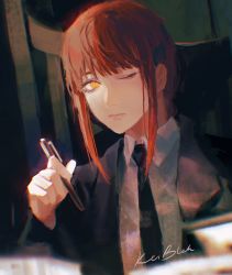 Rule 34 | 1girl, artist name, black necktie, chainsaw man, formal, highres, holding, holding pen, keibleh, makima (chainsaw man), necktie, one eye closed, pen, red hair, ringed eyes, solo, suit, yellow eyes