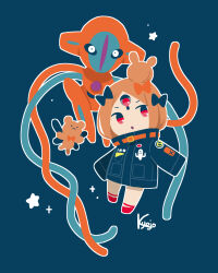 Rule 34 | 1girl, :o, abigail williams (fate), abigail williams (traveling outfit) (fate), absurdres, black bow, black jacket, blonde hair, blue background, bow, chibi, creatures (company), crossover, deoxys, deoxys (normal), fate/grand order, fate (series), full body, game freak, gen 3 pokemon, hair bow, hair bun, highres, jacket, keyhole, kyojo128, looking at viewer, multiple hair bows, mythical pokemon, nintendo, orange bow, pokemon, pokemon (creature), red eyes, simple background, single hair bun, sleeves past fingers, sleeves past wrists, stuffed animal, stuffed toy, teddy bear, third eye