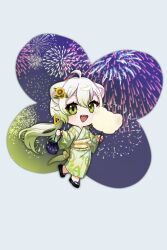 aerial_fireworks ahoge alternate_costume animal_ears bag chibi cotton_candy eyeliner eyeshadow ferret ferret_ears ferret_girl ferret_tail fireworks flower food fruit full_body gradient_hair green_eyeliner green_eyes green_eyeshadow green_hair green_kimono green_tail hair_between_eyes hair_flower hair_ornament highres holding holding_bag holding_cotton_candy holding_food indie_virtual_youtuber japanese_clothes kanono kimono laimu_(vtuber) lime_(fruit) lime_slice makeup multicolored_hair night night_sky ponytail sky slippers summer_festival sunflower sunflower_hair_ornament two-tone_hair vinesauce virtual_youtuber walking white_hair