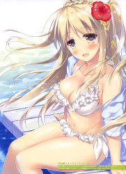 Rule 34 | 1girl, :d, absurdres, arm support, bikini, blonde hair, blue jacket, breasts, cleavage, collarbone, eyebrows, flower, frilled bikini, frills, groin, hair flower, hair ornament, hibiscus, highres, jacket, large breasts, long hair, looking at viewer, motomiya mitsuki, navel, off shoulder, open clothes, open jacket, open mouth, original, red flower, shiny skin, side-tie bikini bottom, sitting, smile, solo, swimsuit, two side up, water, white bikini, yellow eyes