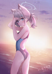 Rule 34 | 1girl, absurdres, aiken boluo, animal ear fluff, animal ears, ass, back cutout, bilibili username, black one-piece swimsuit, blue archive, blue eyes, breasts, clothing cutout, competition swimsuit, covered navel, cowboy shot, cross hair ornament, dated, dimples of venus, dutch angle, earrings, extra ears, feet out of frame, grey hair, hair ornament, halo, highres, horizon, jewelry, looking at viewer, medium breasts, medium hair, mismatched pupils, multicolored clothes, multicolored swimsuit, ocean, official alternate costume, one-piece swimsuit, parted lips, ponytail, shiroko (blue archive), shiroko (swimsuit) (blue archive), sidelocks, solo, standing, stud earrings, sunset, swimsuit, wet, wet clothes, wiping face, wolf ears