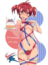 Rule 34 | 2girls, antenna hair, birthday, blush, breasts, cake, censored, dated, food, futaba aoi (vividred operation), hair bobbles, hair ornament, happy birthday, isshiki akane, isshiki momo, looking at viewer, michairu, multiple girls, naked ribbon, novelty censor, red hair, ribbon, scrunchie, short hair, small breasts, smile, sweatdrop, thigh gap, tomato, track suit, tray, twintails, vividred operation