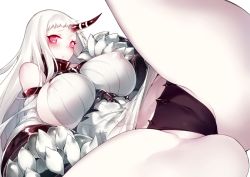 Rule 34 | 10s, 1girl, abyssal ship, bad id, bad pixiv id, bare shoulders, black panties, blush, breasts, claws, covered erect nipples, detached sleeves, dress, glowing, glowing eyes, horns, huge breasts, inayama, kantai collection, long hair, open mouth, pale skin, panties, red eyes, ribbed dress, seaport princess, short dress, sideboob, simple background, single horn, solo, spread legs, underwear, white background, white hair