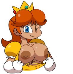 Rule 34 | 1girl, blue eyes, breasts, brown hair, clothes lift, crown, dress, gloves, large breasts, looking at viewer, mario (series), nintendo, nipples, one eye closed, presenting, princess, princess daisy, short hair, smile, source request, standing, super mario land, teeth, torn clothes, torn dress, vilepluff, wink