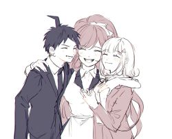 Rule 34 | 1boy, 2girls, :d, ahoge, apron, arms around neck, black necktie, blush, breasts, closed eyes, collared shirt, danganronpa (series), danganronpa 3 (anime), facing viewer, formal, galaga, grey background, hair ornament, highres, hinata hajime, hope&#039;s peak academy school uniform, jacket, large breasts, long hair, medium breasts, medium hair, multiple girls, nanami chiaki, neck ribbon, necktie, official alternate costume, open clothes, open jacket, open mouth, pants, ponytail, ribbon, school uniform, shirt, short hair, simple background, smile, suit, teeth, watase (wataxx), yukizome chisa
