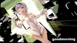 Rule 34 | 1girl, black hairband, black ribbon, buttons, coffee, coffee pot, commentary, cup, dutch angle, english text, green eyes, grey hair, hair ribbon, hairband, highres, holding, holding cup, indoors, kitchen, konpaku youmu, konpaku youmu (ghost), long sleeves, mug, no pants, one eye closed, open mouth, panties, partially unbuttoned, pegina, ribbon, shirt, short hair, solo, standing, steam, thick eyebrows, touhou, underwear, white panties, white shirt, window