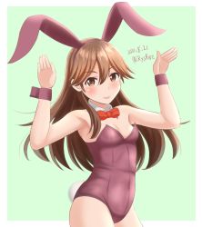 Rule 34 | 1girl, ame-san, animal ears, arashio (kancolle), bow, bowtie, brown eyes, brown hair, brown leotard, bunny day, commentary request, cowboy shot, detached collar, fake animal ears, highres, kantai collection, leotard, long hair, looking at viewer, one-hour drawing challenge, playboy bunny, rabbit ears, rabbit pose, rabbit tail, red bow, red bowtie, solo, strapless, strapless leotard, tail, wrist cuffs