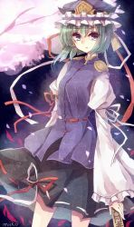 Rule 34 | 1girl, artist name, bad id, bad twitter id, blue eyes, bow, green hair, hat, hat bow, long sleeves, looking at viewer, miiko (somnolent), petals, puffy sleeves, rod of remorse, shiki eiki, shirt, short hair, skirt, solo, touhou, tree, white shirt, wide sleeves