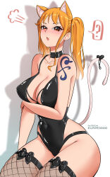 Rule 34 | 1girl, ?, animal ears, ass, black leotard, cat ears, cat girl, cat tail, curvy, elpipe 3000, embarrassed, highleg, highleg leotard, highres, leotard, nami (one piece), one piece, orange eyes, orange hair, shoulder tattoo, side ponytail, straw hat pirates, tail, tattoo, thighhighs, wide hips