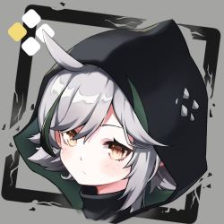 Rule 34 | 1girl, ahoge, arknights, black border, blush, border, brown eyes, chinese commentary, closed mouth, commentary request, eyebrows hidden by hair, grey background, hood, hood up, looking at viewer, outside border, portrait, short hair, silver hair, simple background, solo, tomimi (arknights), varma
