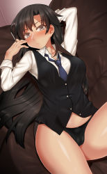 Rule 34 | 1girl, :&lt;, arm behind head, arm up, bad id, bad pixiv id, between fingers, black hair, black panties, black vest, blue necktie, breasts, brown eyes, cameltoe, cigarette, cleft of venus, closed mouth, collar, collared shirt, couch, from above, head tilt, hiratsuka shizuka, holding, holding cigarette, legs up, lips, long hair, long sleeves, looking at viewer, medium breasts, necktie, no pants, nt00, on couch, panties, shiny skin, shirt, sleeves rolled up, solo, thighs, underwear, very long hair, vest, white shirt, wing collar, yahari ore no seishun lovecome wa machigatteiru.