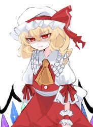 Rule 34 | 1girl, aorin oekaki, ascot, blonde hair, cowboy shot, crystal wings, dress, flandre scarlet, frills, hat, hat ribbon, highres, mob cap, red dress, red eyes, red ribbon, ribbon, simple background, solo, too many, too many frills, touhou, white background, yellow ascot