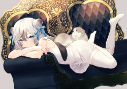 Rule 34 | 1girl, achiki, animal, bare arms, bare shoulders, blue bow, blue eyes, blush, bow, cat, commentary request, couch, covered mouth, crossed arms, double bun, dress, grey background, hair between eyes, hair bow, hair bun, long hair, looking at viewer, lying, no shoes, on couch, on stomach, original, side bun, silver hair, sleeveless, sleeveless dress, solo, thighhighs, white dress, white thighhighs