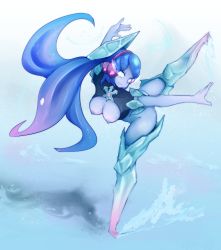 Rule 34 | 1girl, blue background, blue eyes, blue hair, blue skin, breasts, breasts out, closed mouth, colored skin, commentary, convenient arm, crop top, dancing, elemental (creature), glacies (monster girl encyclopedia), gradient hair, headgear, highres, ice, ice elemental, large breasts, leg up, long hair, monster girl, monster girl encyclopedia, multicolored hair, nanostar, nipples, no feet, pink hair, smile, solo, standing, standing on one leg, twintails
