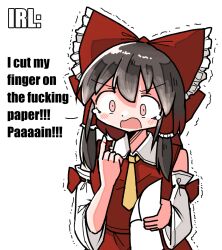 Rule 34 | 1girl, ascot, black hair, blood, blood on hands, blush, bow, collared shirt, commentary, constricted pupils, cut finger, detached sleeves, english text, frilled shirt collar, frills, hair between eyes, hair bow, hair tubes, hakurei reimu, hands up, holding, holding paper, kasuya baian, long hair, long sleeves, motion lines, open mouth, paper, pink eyes, profanity, red shirt, red skirt, ribbon-trimmed sleeves, ribbon trim, shirt, simple background, skirt, skirt set, sleeveless, sleeveless shirt, solo, tears, touhou, trembling, upper body, v-shaped eyebrows, white background, white sleeves, wide sleeves, yellow ascot