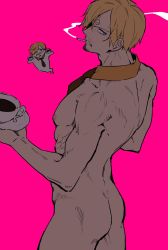 Rule 34 | 1boy, ass, cigarette, coffee cup, cup, disposable cup, facial hair, from above, goatee, hair over one eye, highres, male focus, nude, one piece, pectorals, pink background, sanji (one piece), short hair, smoke, smoking, solo, sorase (srsrs 000), toned, toned male
