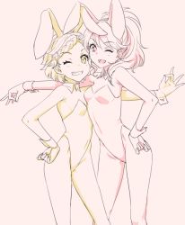 Rule 34 | 10s, 2girls, ;d, aikatsu!, aikatsu! (series), alternate costume, animal ears, armpits, bare shoulders, blush, braid, breasts, clearite, cleavage, detached collar, fake animal ears, fingers together, french braid, from side, grin, groin, hair ornament, hand on own hip, high ponytail, highleg, highleg leotard, kurebayashi juri, leotard, long hair, looking at viewer, monochrome, multiple girls, one eye closed, open mouth, outstretched arm, playboy bunny, ponytail, rabbit ears, shinjo hinaki, short hair, simple background, sketch, small breasts, smile, standing, star (symbol), star hair ornament, wrist cuffs