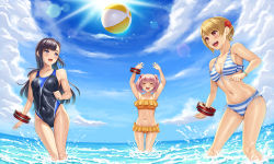 Rule 34 | 3girls, :d, ^ ^, armpits, arms up, asymmetrical bangs, ball, beachball, bikini, black hair, black one-piece swimsuit, blonde hair, blue eyes, blue sky, blush, breasts, character request, cleavage, closed eyes, cloud, collarbone, competition swimsuit, day, floating hair, flower, front-tie bikini top, front-tie top, god eater, groin, hair flower, hair ornament, hair ribbon, highres, lens flare, long hair, medium breasts, multiple girls, navel, one-piece swimsuit, open mouth, outdoors, pink hair, red eyes, red flower, red ribbon, ribbon, short hair, side-tie bikini bottom, sky, smile, standing, striped bikini, striped clothes, summer, swimsuit, thigh gap, twintails, very long hair, wading, watanuki kaname, white ribbon, yellow bikini