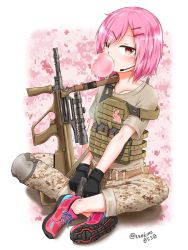 Rule 34 | 1girl, assault rifle, blowing bubbles, bullpup, camouflage, chewing gum, earpiece, gloves, gun, hair ornament, hairclip, handgun, highres, holding, holding gun, holding weapon, indian style, looking at viewer, original, pink hair, pistol, bulletproof vest, red eyes, rifle, sekino takehiro, shoes, short hair, sitting, sneakers, solo, steyr aug, weapon