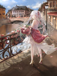 Rule 34 | 1girl, absurdres, architecture, bare shoulders, blue sky, blunt bangs, bouquet, bridge, building, capelet, city, cloud, day, dekalco, dress, flower, from behind, high heels, highres, holding, holding bouquet, house, lamppost, long hair, looking at viewer, looking back, original, outdoors, pantyhose, pink eyes, pink flower, pink rose, railing, red capelet, red flower, red rose, rose, sky, solo, standing, town, twintails, very long hair, water, white dress, white flower, white hair, white pantyhose, white rose