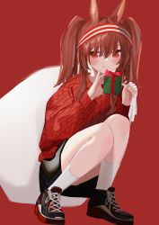 Rule 34 | 1girl, absurdres, alternate costume, angelina (arknights), animal ears, aran sweater, arknights, black footwear, black skirt, blush, box, brown hair, cable knit, carrying over shoulder, casual, christmas, closed mouth, commentary, cross-laced footwear, fox ears, full body, gift, gift bag, gift box, hair between eyes, hairband, highres, holding, holding box, holding gift, long hair, long sleeves, looking at viewer, miniskirt, red background, red eyes, red sweater, reesen, ribbed sweater, shoes, simple background, skirt, smile, sneakers, socks, solo, squatting, sweater, twintails, white socks