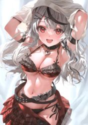 Rule 34 | 1girl, :d, absurdres, arm strap, arms up, banned artist, belt, bikini, black belt, black collar, blush, braid, breasts, cleavage, collar, fang, frilled bikini, frills, grey hair, hair ornament, hairclip, heart pendant, highres, hololive, large breasts, long hair, looking at viewer, mismatched bikini, multicolored hair, open clothes, open mouth, open skirt, parsley-f, plaid, plaid skirt, red eyes, red skirt, sakamata chloe, side-tie bikini bottom, skirt, smile, solo, strap gap, streaked hair, swimsuit, tagme, undressing, virtual youtuber, wavy hair, x hair ornament
