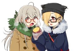 Rule 34 | 2girls, :o, a ichi, ahoge, bag, beanie, beige coat, bespectacled, blonde hair, blue coat, blush, breath, buttons, coat, eating, food, fur-trimmed hood, fur trim, glasses, green scarf, grey hair, hair over one eye, handbag, hat, holding, holding food, hood, hood down, hooded coat, hoshi syoko, idolmaster, idolmaster cinderella girls, jewelry, lower teeth only, multiple girls, necklace, nose blush, open mouth, red-framed eyewear, red eyes, red handbag, roasted sweet potato, round eyewear, scarf, shirasaka koume, simple background, skull necklace, sleeves past fingers, sleeves past wrists, sweet potato, teeth, very long sleeves, white background, winter clothes