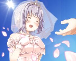 Rule 34 | 1girl, 1other, bare shoulders, blue sky, breasts, bridal veil, bride, closed eyes, commentary request, day, dress, flower, gloves, grey hair, hair flaps, hands up, highres, idolmaster, idolmaster cinderella girls, idolmaster cinderella girls starlight stage, koshimizu sachiko, off-shoulder dress, off shoulder, outdoors, petals, rose, see-through, sky, small breasts, solo focus, sun, tears, tiara, upper body, veil, wedding dress, white dress, white flower, white gloves, white rose, yukie (kusaka shi)