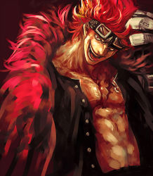 Rule 34 | 1boy, :p, bad id, bad pixiv id, coat, eustass kid, fur trim, goggles, goggles on head, male focus, one piece, open clothes, open coat, red eyes, red hair, scar, short hair, smile, solo, tongue, tongue out, tsuyomaru