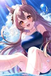 Rule 34 | 1girl, animal ears, bare arms, bare legs, bare shoulders, blue one-piece swimsuit, blush, breasts, brown eyes, brown hair, collarbone, commentary request, day, hair between eyes, highres, horse ears, horse girl, large breasts, long hair, one-piece swimsuit, open mouth, outdoors, satono diamond (umamusume), school swimsuit, smile, solo, swimsuit, tomo (tmtm mf mf), umamusume