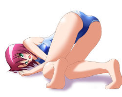 Rule 34 | 00s, ass, barefoot, blue one-piece swimsuit, embarrassed, feet, green eyes, hirorin, my-hime, nekono matatabi, one-piece swimsuit, red hair, school swimsuit, short hair, solo, swimsuit, top-down bottom-up, yuuki nao