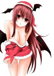 Rule 34 | 1girl, alternate costume, bare shoulders, blush, breasts, bridal gauntlets, christmas, cleavage, demon wings, eyes visible through hair, gloves, hanging breasts, hat, head tilt, highres, kitora (kisekinonameko), koakuma, leaning forward, long hair, midriff, miniskirt, off shoulder, open mouth, outline, red eyes, red hair, red skirt, santa costume, santa hat, shiny skin, simple background, skirt, solo, thighs, top pull, touhou, very long hair, white background, wings