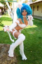 Rule 34 | angelicstar, animal ears, animal hands, blue hair, boots, breasts, capcom, cat, cat ears, cat tail, claws, cleavage, cosplay, felicia (vampire), fur, grass, large breasts, long hair, photo (medium), photo shoot, tail, vampire (game), yaya han