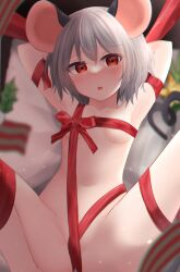 Rule 34 | 1girl, :o, absurdres, animal ears, armpits, arms behind head, arms up, blurry, blush, breasts, collarbone, commentary request, dakuazu, depth of field, furrowed brow, grey hair, highres, looking at viewer, m legs, mouse ears, naked ribbon, navel, nazrin, open mouth, paid reward available, red eyes, red ribbon, ribbon, short hair, small breasts, solo, spread legs, touhou