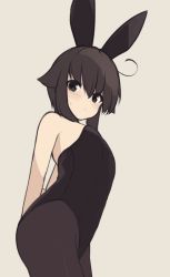 Rule 34 | 1girl, ahoge, animal ears, bare shoulders, black leotard, black pantyhose, blush, breasts, brown background, brown eyes, brown hair, closed mouth, fake animal ears, hair between eyes, hair flaps, leotard, looking at viewer, natsuki teru, original, pantyhose, playboy bunny, rabbit ears, shikibe ayaka, simple background, small breasts, solo, strapless, strapless leotard, sweat