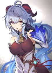 Rule 34 | ahoge, akiyoshi nozomu, bare shoulders, bell, black gloves, blue hair, bodystocking, breasts, chinese knot, detached sleeves, flower knot, ganyu (genshin impact), genshin impact, gloves, gold trim, highres, horns, long hair, looking at viewer, medium breasts, neck bell, one eye closed, purple eyes, red rope, rope, rubbing eyes, sidelocks, signature, solo, upper body, very long hair, vision (genshin impact), waking up, white sleeves