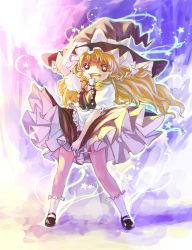 Rule 34 | 1girl, blonde hair, braid, dress, dress tug, female focus, hand on headwear, hat, highres, kirisame marisa, long hair, mary janes, shoes, solo, star-shaped pupils, star (symbol), symbol-shaped pupils, touhou, twin braids, witch, witch hat, zrero