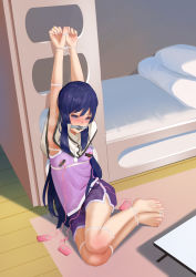 Rule 34 | 1girl, absurdres, armpits, arms up, assault lily, bare arms, barefoot, bdsm, bed, blue hair, blush, bondage, bound, bound arms, bound fingers, bound knees, bound legs, bound thumbs, bound torso, bound wrists, breasts, bunk bed, cable tie, carpet, clenched hands, cloth gag, coffee table, commentary request, commission, covered mouth, dolphin shorts, duct tape, egg vibrator, fingernails, full body, gag, gagged, highres, improvised gag, indoors, itou shizu (assault lily), jewelry, legs together, long hair, looking at viewer, nipple stimulation, nose blush, on floor, outstretched arms, pillow, pixiv commission, po-i-mu, pom pom (clothes), purple eyes, purple shorts, purple tank top, pussy juice, pussy juice stain, remote control vibrator, restrained, ring, sex toy, shadow, short shorts, shorts, sidelocks, small breasts, solo, steaming body, table, tank top, tearing up, toenails, very long hair, vibrator, vibrator on nipple, vibrator over clothes, vibrator under clothes, wooden floor