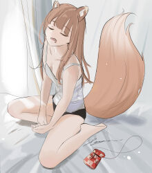 Rule 34 | 1girl, absurdres, alternate costume, animal ear fluff, animal ears, bag, bare legs, bare shoulders, barefoot, bed, between legs, black shorts, blunt bangs, blush, breasts, brown hair, cleavage, closed eyes, collarbone, drooling, feet, full body, hand between legs, highres, holo, indoors, long hair, on bed, open mouth, penguin sensei (artist), shirt, short shorts, shorts, sidelocks, signature, sitting, sleepy, small breasts, solo, spice and wolf, strap slip, tail, tank top, very long hair, wariza, white shirt, wolf ears, wolf girl, wolf tail