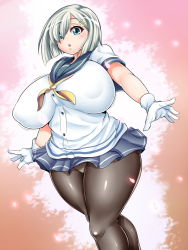 Rule 34 | 10s, 1girl, alternate breast size, black pantyhose, blue eyes, blush, breasts, bukatsu (clubactivity), covered erect nipples, curvy, gloves, hair ornament, hair over one eye, hairclip, hamakaze (kancolle), huge breasts, kantai collection, looking at viewer, open mouth, panties, pantyhose, pantyshot, petals, pleated skirt, plump, school uniform, serafuku, short hair, short sleeves, silver hair, sina and d, skirt, solo, standing, thick thighs, thighs, underwear, uniform, white gloves, white panties, wide hips, wind, wind lift