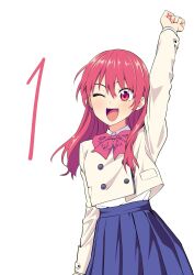 Rule 34 | 1girl, arm over head, blue skirt, bow, bowtie, countdown, cowboy shot, highres, hiroyuki, kanojo mo kanojo, long hair, miniskirt, official art, one eye closed, open mouth, outstretched arm, pink bow, pink bowtie, pleated skirt, red eyes, red hair, saki saki (kanojo mo kanojo), simple background, skirt, smile, solo, teeth, upper teeth only, white background