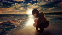 Rule 34 | 1girl, animal, aya (star), backlighting, bad id, bad pixiv id, beach, bird, brown hair, cloud, cloudy sky, commentary request, dusk, from side, hand on own knee, hood, hood down, horizon, kneehighs, long sleeves, looking down, ocean, original, outdoors, reflection, sand, sand writing, scenery, seagull, shoes, shore, short hair, skirt, sky, socks, solo, squatting, tan, twilight, waves, writing