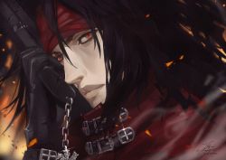 Rule 34 | 1boy, black gloves, black hair, chain, expressionless, fadingz, final fantasy, final fantasy vii, gloves, gun, handgun, holding, holding gun, holding weapon, long hair, looking at viewer, male focus, pistol, pixiv id, red eyes, signature, square enix, vincent valentine, weapon