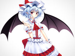 Rule 34 | 1girl, ascot, bat wings, blouse, blue hair, bow, collared shirt, dress, fang, fingernails, frilled dress, frilled shirt, frilled skirt, frills, hat, hat bow, highres, junior27016, large bow, layered skirt, looking at viewer, mob cap, pointy ears, puffy sleeves, red eyes, remilia scarlet, ribbon, shirt, short sleeves, simple background, skirt, skirt hold, skirt set, smile, solo, standing, touhou, white dress, white shirt, white skirt, wings, wrist cuffs, wristband