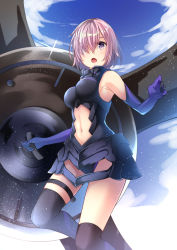 Rule 34 | 1girl, armored leotard, asagi koko, black leotard, black thighhighs, blue sky, clothing cutout, cloud, elbow gloves, fate/grand order, fate (series), from below, gloves, hair between eyes, hair over one eye, highres, holding, holding shield, leotard, mash kyrielight, midriff, navel, navel cutout, open mouth, outdoors, pink hair, purple eyes, purple gloves, shield, short hair, sky, solo, standing, stomach, thigh strap, thighhighs