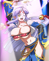 Rule 34 | 1girl, alternate breast size, bandeau, banpresto, bell, belt, breasts, dancing, fangs, hand fan, hand on own hip, hip focus, horns, huge breasts, jingle bell, long hair, navel, nippleless clothes, nipples, one eye closed, oni, open mouth, pointy ears, purple hair, silver hair, single horn, skindentation, solo, sparkle, strapless, super robot wars, super robot wars og saga mugen no frontier, suzuka hime, tube top, usatarou, wink
