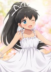 Rule 34 | 1girl, ;d, antenna hair, armpits, bare arms, bare shoulders, black hair, blue eyes, blurry, blurry background, blush, collarbone, commentary request, cowboy shot, dress, earrings, fang, floral background, flower, flower bracelet, flower earrings, ganaha hibiki, hair ribbon, high ponytail, hiiringu, idolmaster, idolmaster (classic), jewelry, long hair, one eye closed, open mouth, pink flower, ribbon, skirt hold, sleeveless, sleeveless dress, smile, solo, sundress, very long hair, white ribbon