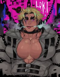 Rule 34 | 1boy, bara, belt, black hair, blonde hair, chain, collar, facial hair, glowing, glowing eyes, highres, large pectorals, loki (housamo), looking to the side, male focus, manly, mature male, multicolored hair, muscular, muscular male, pectoral cleavage, pectorals, robokeh, solo, steam, stubble, tattoo, thick eyebrows, tokyo houkago summoners, tongue, tongue tattoo, upper body
