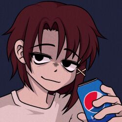 Rule 34 | 1girl, asymmetrical hair, bags under eyes, black eyes, blue background, brown hair, can, closed mouth, commentary, cryptidhermit, drink can, english commentary, eyelashes, hair ornament, holding, holding can, iwakura lain, pepsi, serial experiments lain, shirt, single sidelock, smile, soda can, solo, upper body, white shirt, x hair ornament