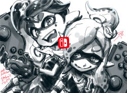 Rule 34 | 2016, 2girls, female focus, female inkling, gloves, india jin, inkling player character, monochrome, multiple girls, nintendo, nintendo switch, splatoon (series), spot color, tagme, white background